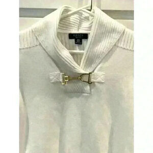Women’s Chaps Sweater White Petite Medium PM Gold Toggle Shawl Neck Long Sleeve